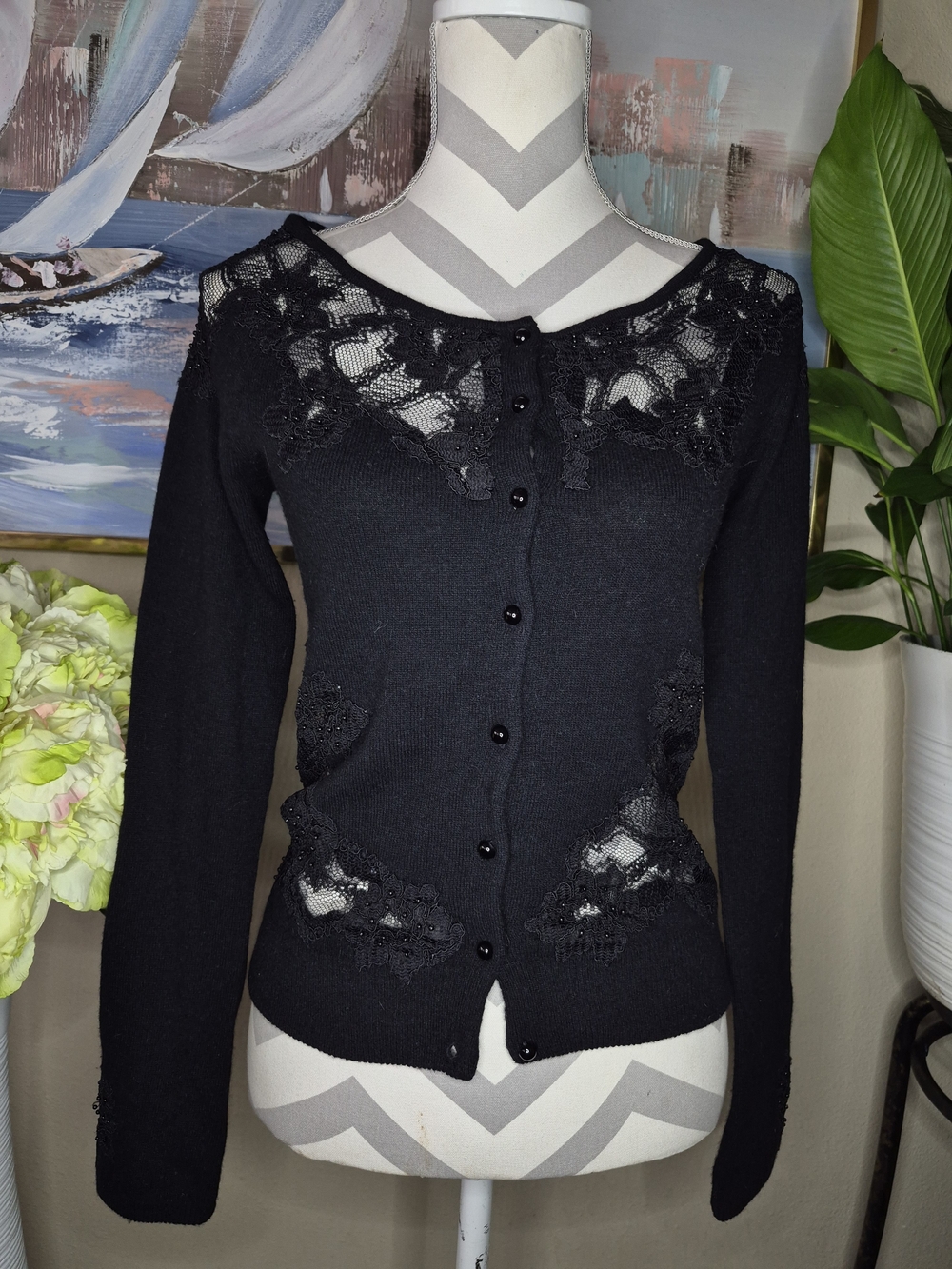 Betsey Johnson Black Lace Detail Women's Sweater Cardigan